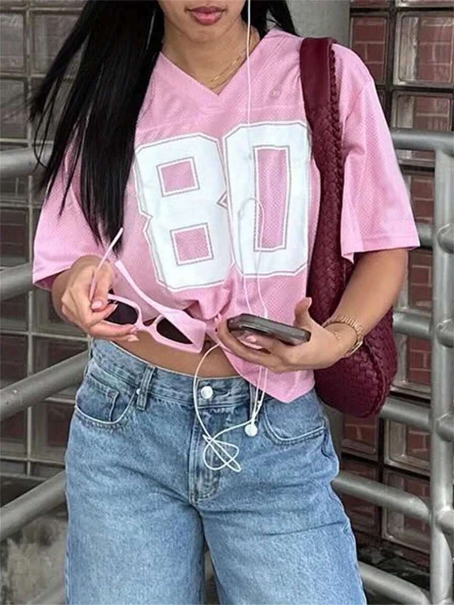 Camiseta de jersey oversize de mujer estilo Y2K, con cuello redondo, diseño de bloques de color y gráfico de números, camiseta informal suelta de verano, ropa estética para salir