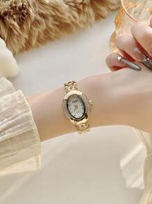 1pc Women's Vintage Oval Gold Tone Rhinestone & Zirconia Decorated Fashion Watch, Suitable For Daily Wear, Parties, Gatherings And Events