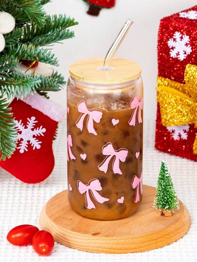 1Pc 550ml Copo de vidro, estilo fita de laço, estilo cereja, material de vidro de alto teor de borosilicato, com tampa de bambu selada e canudo, adequado para uso em escritório, para café, chá, leite, suco, bebidas quentes e frias, etc., um ótimo presente de Natal para professores, amigos, pais, ótimo presente de Natal, garrafa de água, para atividades ao ar livre, acampamento, presente de dia das mães