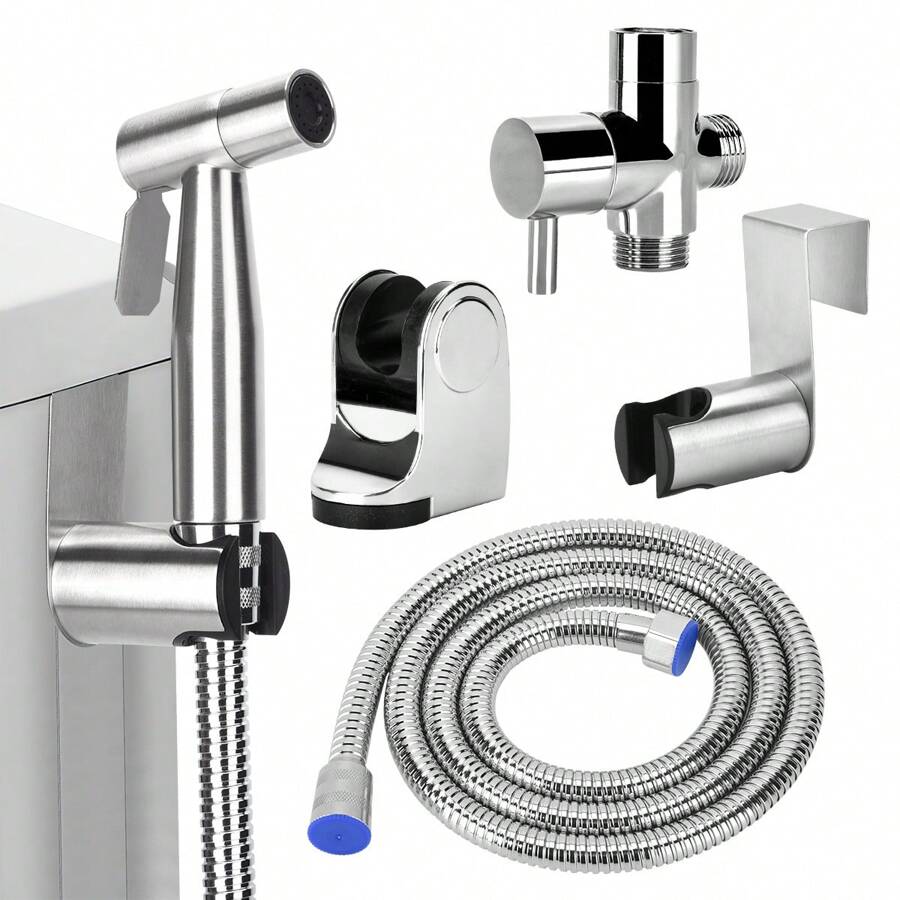 SSGP Bidé Rociador Inodoro Baño,Bidet Pulverizador,Regadera Inoxidabl A Prueba Fugas,Juego de Rociador de Bidé de Mano con Soporte Ducha,Bidé Mano Pulverizador,Manguera Ducha 1.5m - Plateado - Ver 1