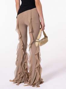 Women's Ruffled Flare Long Pants Solid Color Low Rise Stretch Bell-Bottom Trousers Streetwear - Khaki - View 3