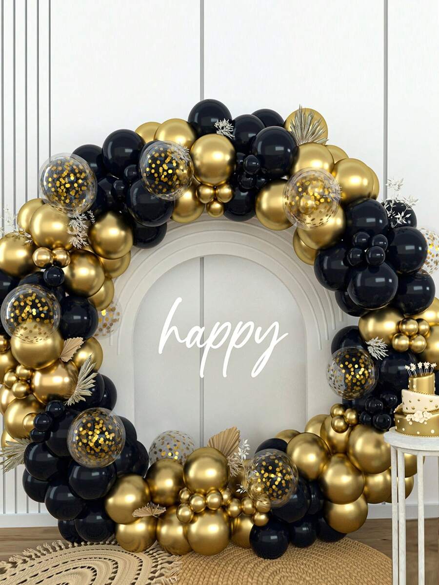 150pcs Black Golden Balloon Arch Balloon Set&2pcs Balloon Accessory, Birthday Festival Anniversary Party Room Wall Decoration Supplies Photography Backgrounds, New Year Party Decorative Balloon Arch Kit - 黑金 - 查看 1