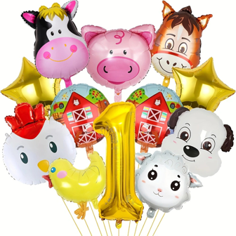 Farm Animal Balloons 1-9 Years Birthday Decoration - 12pcs Farm Birthday Number Aluminum Foil Balloon Set Includes Cow Donkey Sheep Pig Chicken Balloons Farm Themed Party Supplies