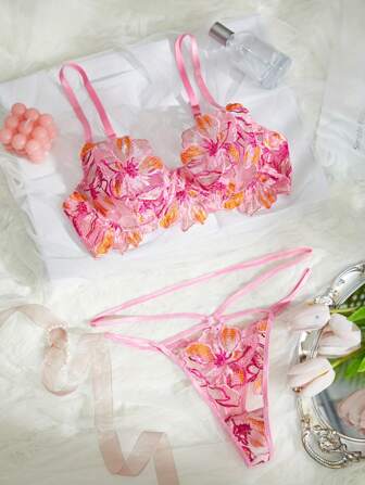 2pcs/Set Women's Fuchsia Floral Embroidered Mesh Breathable Romantic Supportive Sexy Lingerie Set, Suitable For Valentine's Day, Honeymoon