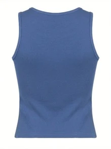 Women Rhinestone Graphic Print Tank Tops Rib Knit Sleeveless Crop Tops Vest E Girl Aesthetic Tee Y2K Streetwear - Blue - View 6