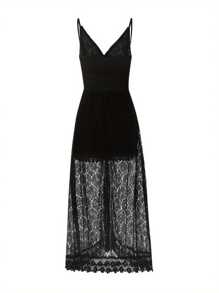 Women Casual Bodysuit, Solid Color Hollow Out Floral Lace Sleeveless Sling Bodysuit - 黑色 - 查看 5