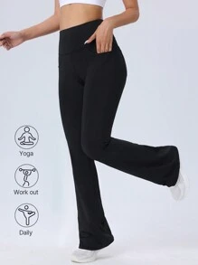 Pantalon de yoga à taille haute et évasé pour femmes avec poches, leggings de fitness à jambes larges et évasées avec contrôle du ventre élastique, pantalon de sport décontracté et évasé pour femmes - Noir - Voir 2