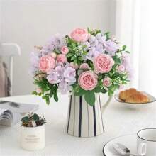 蓝色丝绸花束人造森林绣球牡丹花蕾婚礼新娘手捧花家居花园桌面插花装饰 - 彩色 - 查看 1