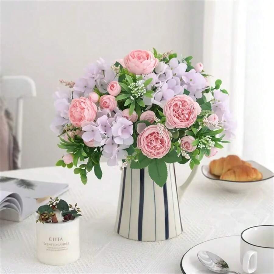 蓝色丝绸花束人造森林绣球牡丹花蕾婚礼新娘手捧花家居花园桌面插花装饰 - 彩色 - 查看 1