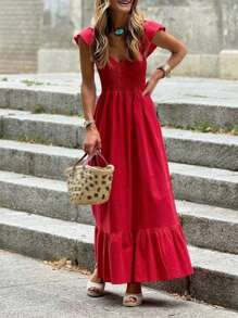 Vestidos de primavera y verano para mujeres, vestido de vacaciones rojo, moda casual, vestido sencillo y cómodo sin tirantes, diseño elegante con mangas de vuelo, vestidos largos para mujeres