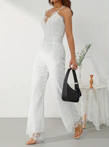 Women Elegant Jumpsuit, Spaghetti Straps V Neck Solid Color Lace Open Back One Piece Wide-Leg Jumpsuits Long Playsuit
