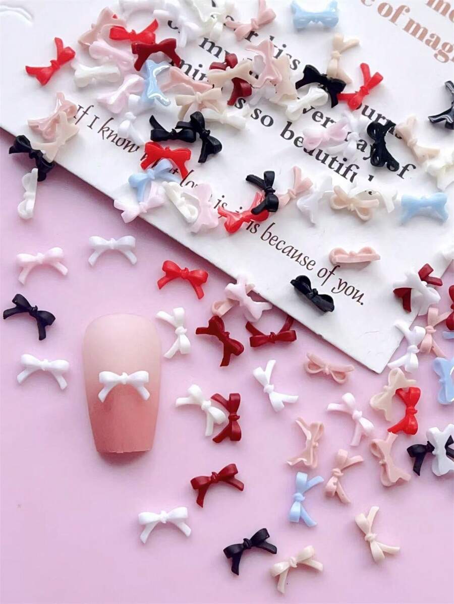50Pcs 3D Nail Accessories, Small Size Bowknot , Bowknot , Burgundy, Bright Red, White, Beige, Pink, Light Color, Blue, Multiple Colors Randomly Mixed, Suitable For Nail Art Creation, Cute Style, Diy Decorative Accessories, Matte, Glossy Nails, Long Nails, Short Nails, Almond Nails, Ballet Nails, French Pointed Nails Are All Suitable Nail Supplies Nails Nail Charms Nail Gems - Multicolor - View 1