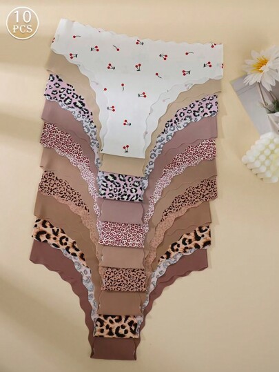 10pcs Leopard Print Bikini Panties For Women, Comfortable Fabric, Multi-Color Assorted