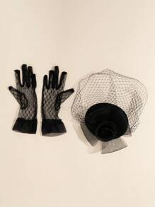 1pc Women's Vintage Red Rose Mesh Fascinator Hat, Fashionable Mesh Gloves, For Evening Party Modeling Show Performance And Decoration Valentine's Day Valentines