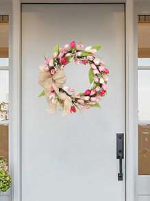 17.7in Tulip Wreath For Front Door, Artificial Pink Tulip Wreath Home Decorative Door Wreath For Porch Window Wedding Farmhouse - 粉色 - 查看 5