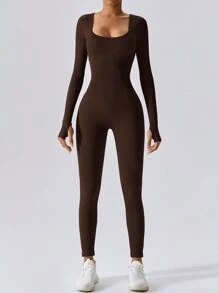 NcmRyu 1 Set Solid Color Brown Seamless Women  Long Sleeve Jumpsuit With Tight Fit U Neckline Workout Comfortable Activewear For Fitness Gym Running And Outdoor Activities Summer - 棕色 - 查看 3