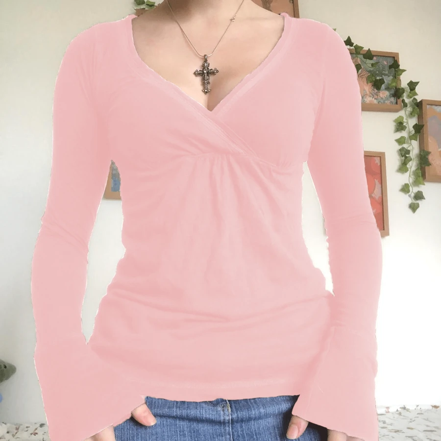 Going Out Tops For Women Solid Color Long Sleeve V-Neck Tight T-Shirt Basic Blouse Slim Fit Tops Y2k Streetwear - 粉色 - 查看 1