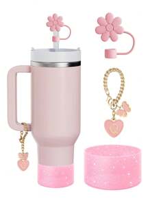 Set de 3 piezas: 1 pieza Tapa de pajita de silicona hexagonal, 1 pieza Marcador de taza con forma de letra/corazón/mariposa, y 1 pieza Funda de taza con purpurina, adecuado para tazas de 30-40 onzas, diámetro de pajita de 9-10 mm, tazas de vidrio con asa, decoración de mariposa rosa linda, regalo para el Día de la Madre
