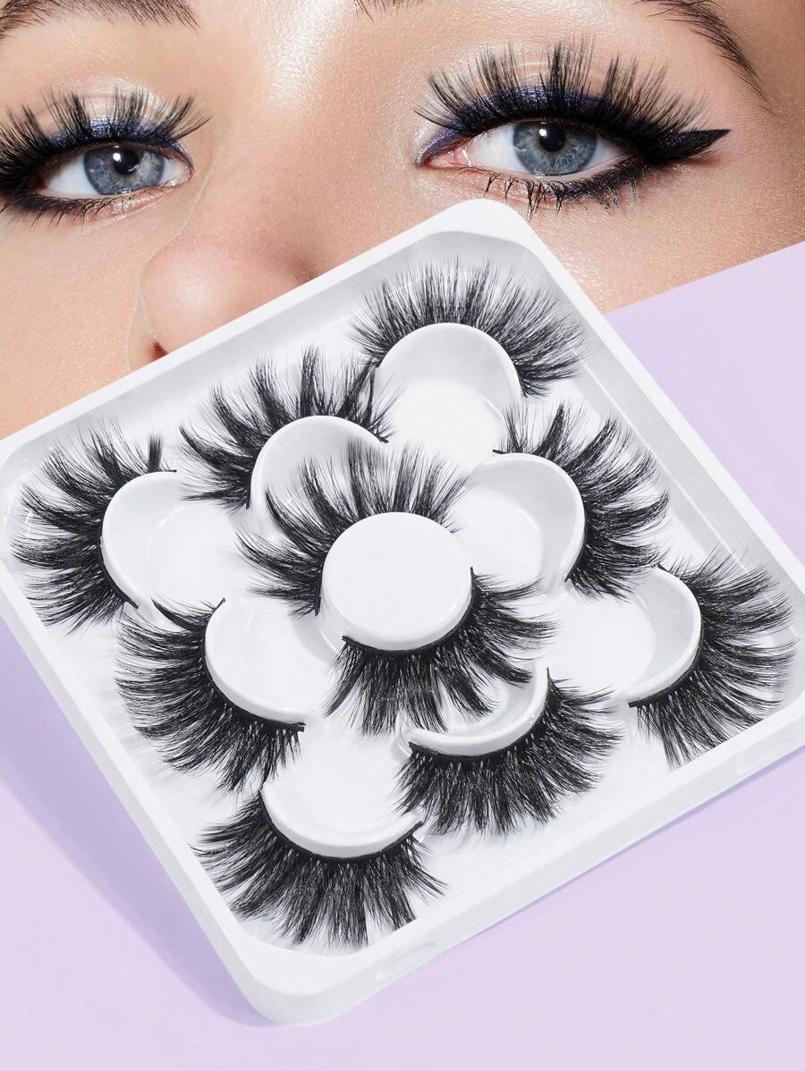 5 Pairs 5D Volume False Eyelashes Natural Cat Eye Lashes Faux Mink Eyelashes Fluffy Manga Fake Lashes Makeup Tools,Cartoon Eyelashes, Wet Look, Japanese Cosplay, Dense Pointed Thailand-Style Lashes, 9-20mm Thick Artificial Mink Doll Eyelash Extension Set - 濃密款 - 查看 1