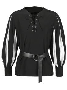 (avec ceinture) Chemise blouse de style vintage médiéval à lacets et blocs de couleurs pour représentation sur scène