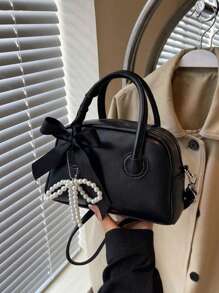 1 件纯色仿珍珠蝴蝶结装饰抽绳闭合双手柄可调节肩带时尚甜美保龄球包，简约手提包斜挎包适合日常装扮、外出和度假情人节 - 黑色 - 查看 5