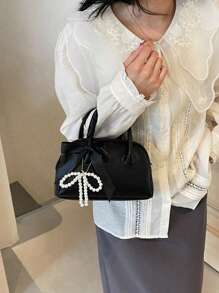 1 件纯色仿珍珠蝴蝶结装饰抽绳闭合双手柄可调节肩带时尚甜美保龄球包，简约手提包斜挎包适合日常装扮、外出和度假情人节 - 黑色 - 查看 6