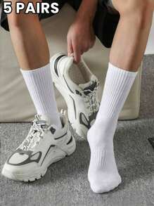5 Pairs/Sets Of Men's Spring And Summer Solid Color Crew Socks Combination Suitable For Daily Use In The Gym, Fall
