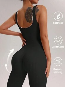 VVX Shapewear Bodysuit For Women Tummy Control Square Neck Seamless Ribbed One Piece Jumpsuit Sleeveless Tank Top Leggings - màu đen - Xem 5
