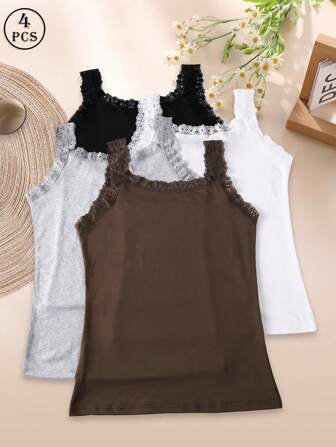 4pcs/Set Women Solid Color Lace Trim Decor Crew Neck Sleeveless Tank Top Vest Camisole