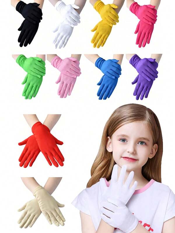 Kurze Satin-Handschuhe für Kinder, Handschuhe in Handgelänge für Kleider für Hochzeit, Party, Oper, Kostüm, Sammlung, Geburtstag, Aufführung, Fotografie, Abschlussfeier, Abschlussball, Teezeremonie oder jede andere formelle Gelegenheit