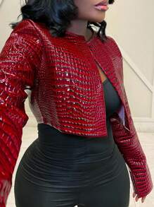Blazique Veste crop top style streetwear, à encolure ronde, couleur unie découvrant le ventre - Rouge - Voir 6