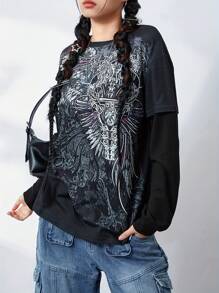 Women Grunge Tops Long Sleeve Round Neck Graphic Print Loose T-Shirts Fake Two-Piece Streetwear Tops - Black - View 5