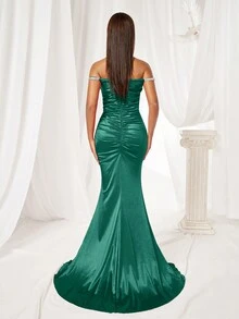 New Arrival Spring/Summer Off Shoulder Strapless High Slit Evening Gown Dress - Green - View 3