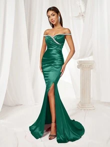 New Arrival Spring/Summer Off Shoulder Strapless High Slit Evening Gown Dress - Green - View 6
