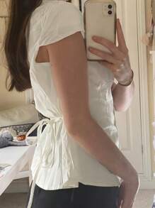 Women's Button Down Shirts Cap Sleeve Lapel Collar Tie Back Slim Fit Tops Summer Shirts - trắng - Xem 2