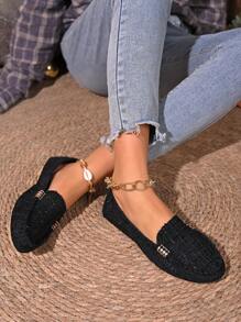 Women's Classic Black Slip-On Loafers, Fashion Versatile Flat Shoes, Spring/Autumn