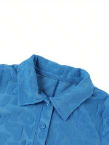 Women Casual Turn-down Collar Playsuit, Short Sleeve Letters Pattern Buttons Open Front One-piece - Azul - Ver 6