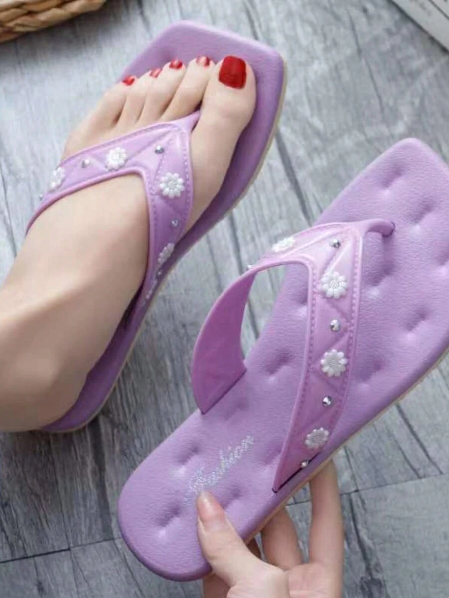 Sandalias pata gallo para mujer con brillo de flores - Morado - Ver 1