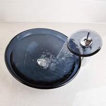 Bathroom Round Black Vessel Sink Tempered Glass Bowl Chrome Faucet Combo Up Set - Black - View 4