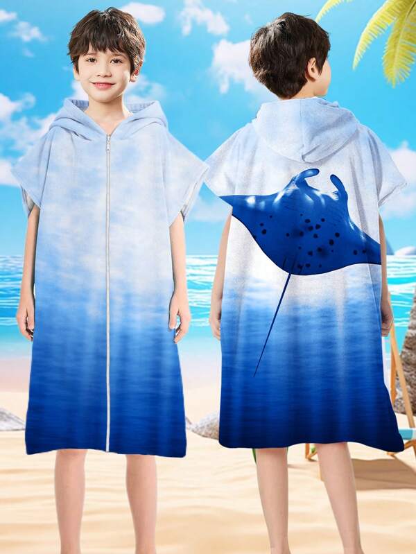 1 pieza Toalla con capucha para niños, manta de playa de fibra ultrafina de secado rápido, extra grande y ancha, con cierre, sin mangas, color azul degradado, a prueba de viento y cálida para la playa, la piscina, la boda de verano, la decoración del hogar y el baño, ropa de playa, regreso a la escuela