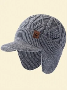 JZML 1pc Men's Deer Embellished Thermal Lined Knit Beanie Hat With Brim