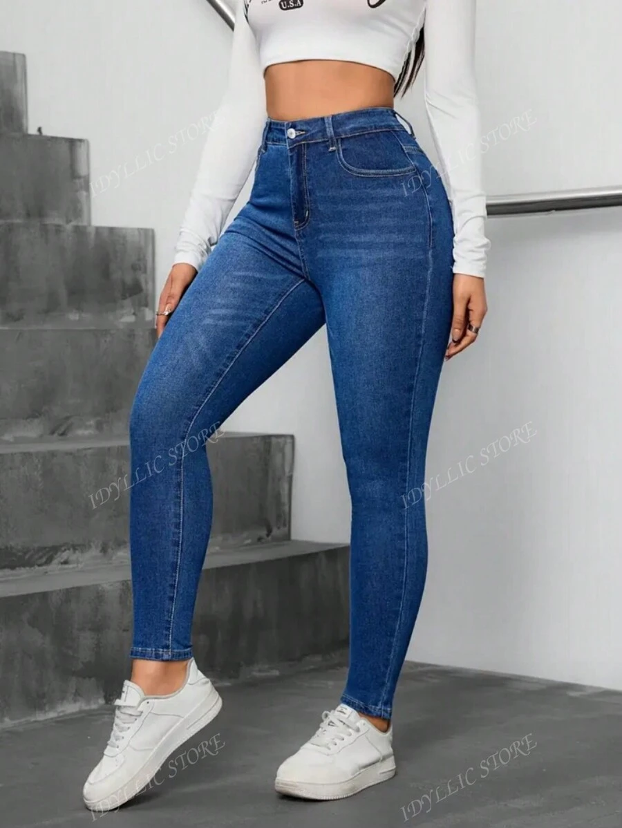 Jeans Ajustados Casuales para Mujer - Denim Elástico, Lavables a Máquina, Color Sólido, Perfectos para Primavera/Otoño