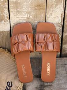 Women's Simple Solid Color Flat Sandals With Pleated Strap, Faux Pearl And Flower Transparent Strap Elements, Versatile For Spring And Summer - Brown - View 6