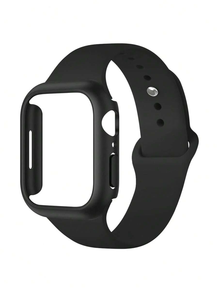 2pcs/Set Hard PC Frame Protective Case (Screen Protector Not Included), Scratch-Resistant Protective Frame And Sports Silicone Wristband, Compatible With Apple Watch Bands 40mm, 38mm, 41mm, 42mm, 44mm, 45mm, 46mm, 49mm, Unisex; Soft Waterproof Wristband, Replaceable Sports Band, Compatible With Apple Watch Ultra, 11, 10, 9, 8, 7, 6, 5, 4, 3, 2, 1, SE Series - Black/Black - View 1