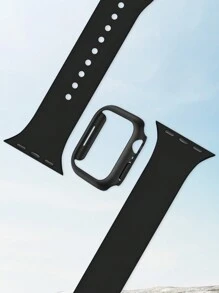 2pcs/Set Hard PC Frame Protective Case (Screen Protector Not Included), Scratch-Resistant Protective Frame And Sports Silicone Wristband, Compatible With Apple Watch Bands 40mm, 38mm, 41mm, 42mm, 44mm, 45mm, 46mm, 49mm, Unisex; Soft Waterproof Wristband, Replaceable Sports Band, Compatible With Apple Watch Ultra, 11, 10, 9, 8, 7, 6, 5, 4, 3, 2, 1, SE Series - Black/Black - View 2