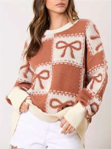 Women's Autumn Winter Knit Sweater Long Sleeve O Neck Bow Print Casual Knitwears - 卡其色 - 查看 5