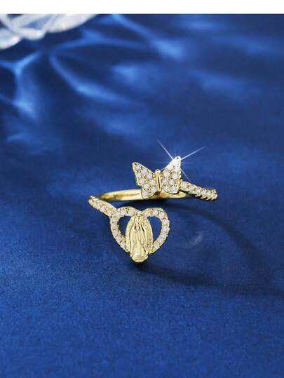 1pc Minimalist Korean Style Virgin Mary Micro-Inlaid Cubic Zirconia Butterfly Shaped Ring For Women, Cold Elegant, Gold