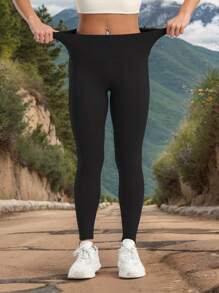 夏季健身女式纯色高腰简约修身户外运动口袋紧身裤 - 黑色 - 查看 4