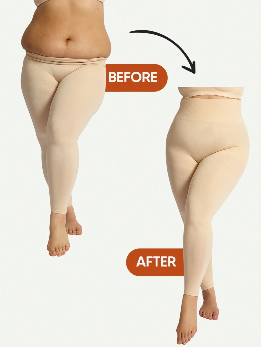 Plus Size Women High Waisted Soft Tummy Control Shaping Leggings - Apricot - View 1