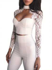 Women Sexy Lace Long Sleeve Crop Tops Push Up See-Through Elegant Corset Tops Ladies Summer Spring Low-Cut Back Zipper Slim Fit Blouses For Club Party - 白色 - 查看 2